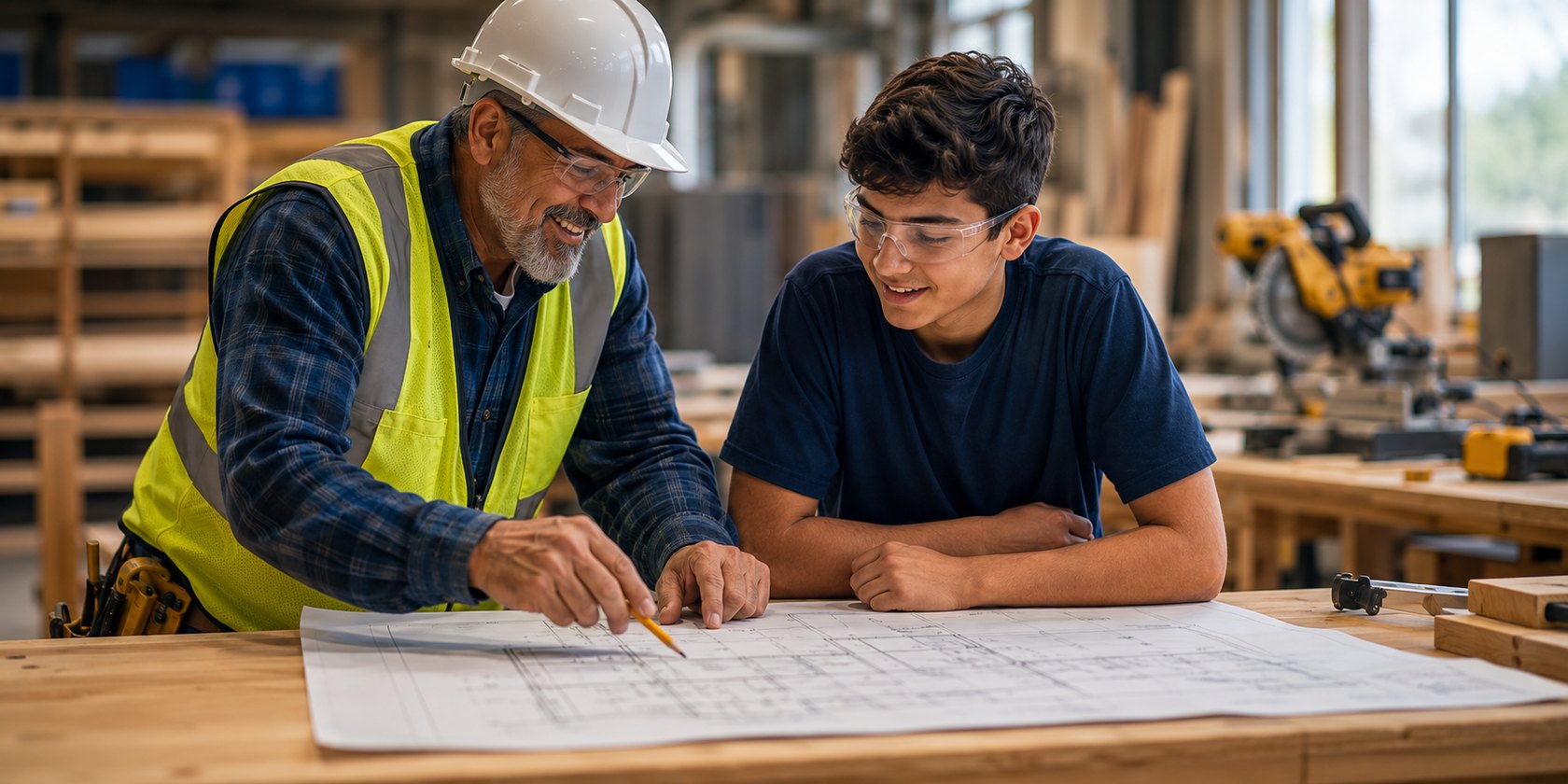A mentor and a young person discussing skilled trades plans together